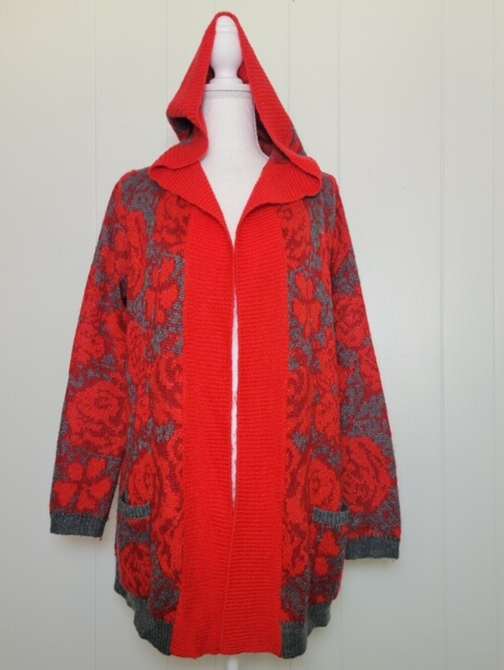 Anthropologie × Sparrow Maraschino Floral Sweater Coat Red & Gray Cardigan M/L - Picture 4 of 12
